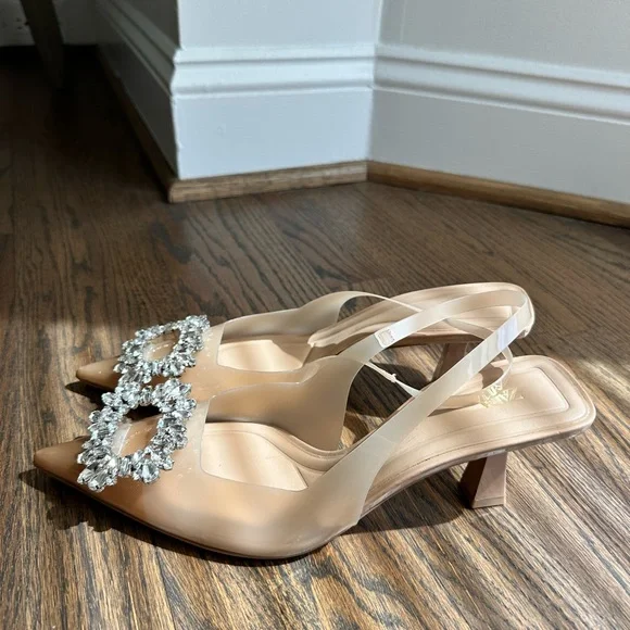 Zara Nude Pointed-Toe Slingback Flats with Crystal Buckle - Picture 3 of 7